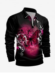 Plus Size Butterfly Flower Print Zipper Polo Shirt For Men -  