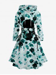 Plus Size Skull Rose Flower Print Lace Up Drawstring Hoodie Dress -  