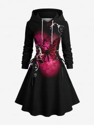 Robe à capuche grande taille à imprimé papillon et fleurs, lacée et à cordon - Noir L