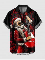 Plus Size Christmas Santa Claus Guitar Letters Print Button Pocket Shirt For Men -  