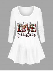 T-shirt à manches longues grande taille pour femme, imprimé à carreaux, motif élan et flocons de neige, avec lettres, pour Noël - Blanc 3X