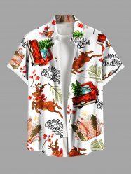 Plus Size Christmas Tree Elk Car Letters Print Button Pocket Shirt For Men -  