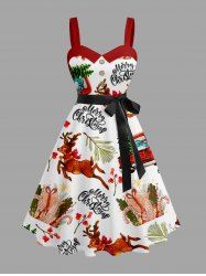 Plus Size Christmas Tree Elk Car Letters Print Button A Line Dress with Removable Belt -  