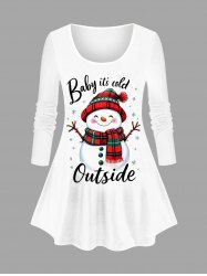 Plus Size Women's Christmas Snowman Snowflake Print Long Sleeves T-shirt - Blanc 5X