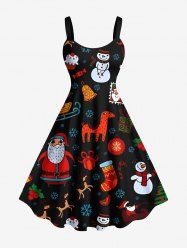 Robe trapèze imprimée motif chaussette de Noël, flocon de neige, bonhomme de neige, élan et Père Noël - Noir XS