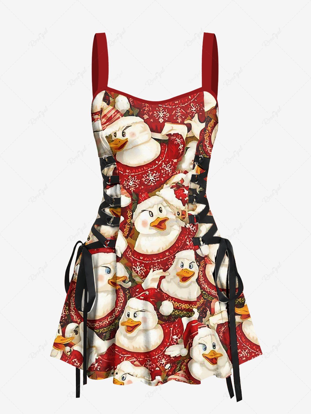 Christmas Snowflake Duck Print Lace Up A Line Dress Rouge XXXL