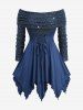 Ensemble grande taille composé d'un haut asymétrique à épaules dénudées, lacé et orné de sequins scintillants, et d'un pantalon large à volants. - Bleu profond 