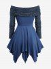 Ensemble grande taille composé d'un haut asymétrique à épaules dénudées, lacé et orné de sequins scintillants, et d'un pantalon large à volants. - Bleu profond 