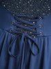 Ensemble grande taille composé d'un haut asymétrique à épaules dénudées, lacé et orné de sequins scintillants, et d'un pantalon large à volants. - Bleu profond 