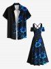 Ensemble de plage hawaïen assorti grande taille à imprimé floral pour couples - Bleu Marine 