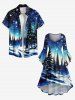 Robe grande taille à imprimé sapin de Noël galaxie étoiles et manches évasées froncées, coupe asymétrique - Bleu Ciel XS