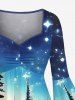 Robe grande taille à imprimé sapin de Noël galaxie étoiles et manches évasées froncées, coupe asymétrique - Bleu Ciel XS
