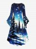 Robe grande taille à imprimé sapin de Noël galaxie étoiles et manches évasées froncées, coupe asymétrique - Bleu Ciel XS