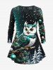 Plus Size Christmas Tree Ball Owl Snowflake Print Long Sleeves Women T-shirt -  