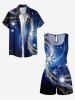 Plus Size Star Light Beam Ombre Galaxy Print Hawaii Drawstring Pocket Romper -  