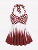 Maillot de Bain Tankini Tordu Plissé à Pois de Grande Taille à Col Halter - Rouge foncé 1X | US 14-16