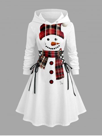Plus Size Christmas Santa Claus Plaid Hat Scarf Gloves Print Lace Up Drawstring Hoodie Dress - WHITE - 6X