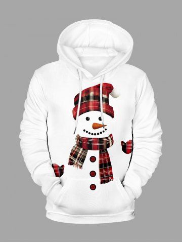 Plus Size Christmas Snowman Plaid Hat Scarf Gloves Print Pocket Drawstring Hoodie For Men - WHITE - 7XL