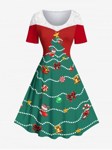 Plus Size Christmas Tree Stocking Bell Candy Ball Bowknot Print Vintage Dress - DEEP GREEN - S