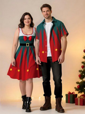 Christmas Elf Bells Printed Plus Size Matching Outfit For Couples - RED