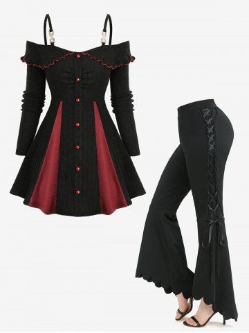 Ruched Ribbed Patchwork Long Sleeve Top and Lace Up Side Scalloped Hem Flare Pants Plus Size Outfit - DEEP BLUE