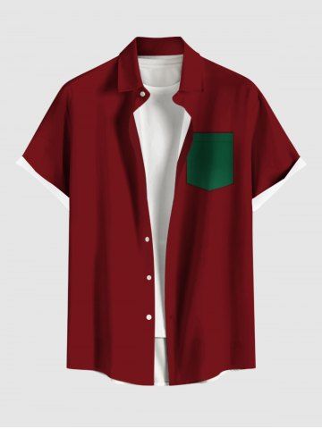 Plus Size Christmas Two Tone Print Button Pocket Shirt For Men - RED - S