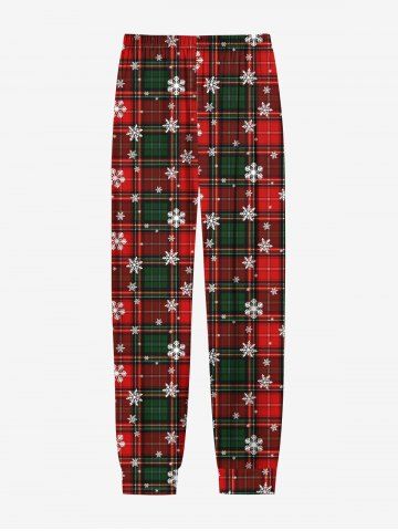 Plus Size Men's Christmas Plaid Snowflake Print Jogger Pants - RED - 2XL