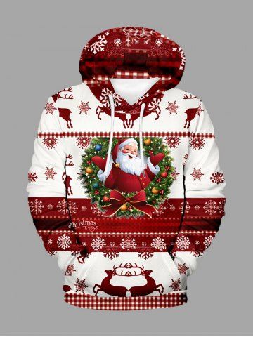 Plus Size Christmas Tree Santa Claus Bowknot Snowflake Elk Print Pocket Drawstring Hoodie For Men - RED - 7XL