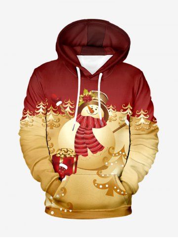Plus Size Christmas Tree Snowman Gift Box Print Pocket Drawstring Hoodie For Men - RED - 7XL