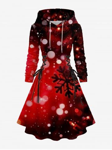 Plus Size Ombre Christmas Snowflake Print Lace Up A Line Hooded Dress - RED - 2X