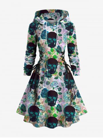 Plus Size Skulls Rose Flowers Leaf Print Lace Up Drawstring Hoodie Dress - BLACK - M