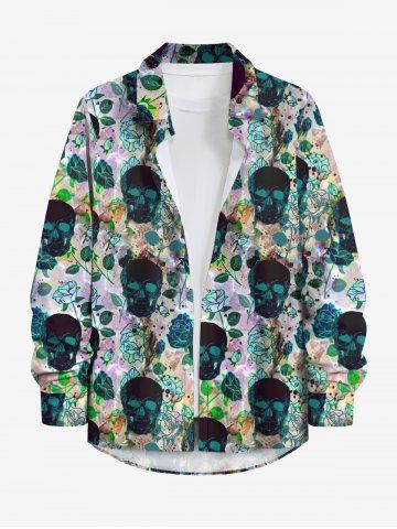 Plus Size Skulls Rose Flowers Leaf Print Buttons Pocket Shirt For Men - BLACK - 7XL