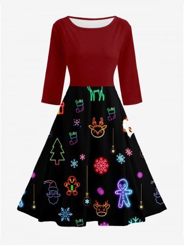 Glitter Christmas Tree Elk Snowflake Gingerbread Printed Midi 50's Vintage A Line Dress - BLACK - 4XL
