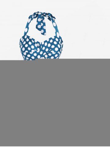 Plus Size Polka Dot Halter Twist Cinched Ruched Boyshorts Tankini Swimsuit - LAKE BLUE - L | US 12