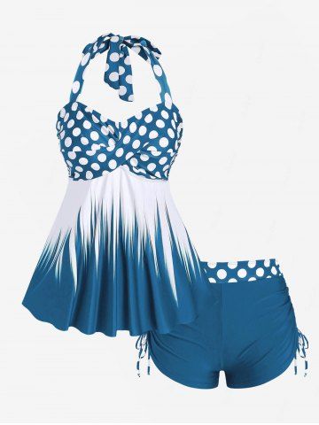 Plus Size Polka Dot Halter Twist Cinched Ruched Boyshorts Tankini Swimsuit - LAKE BLUE - 3X | US 22-24