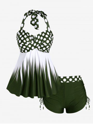 Maillot de bain tankini grande taille à pois, dos nu, bustier torsadé et froncé - DEEP GREEN - M | US 10