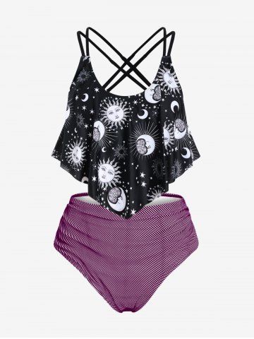 Plus Size Padded Sun Moon Galaxy Printed Stripes Overlay Tankini Swimsuit - HOT PINK - L