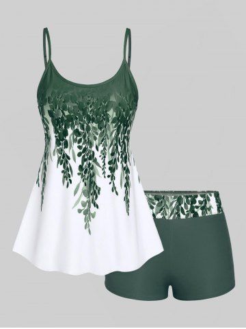 Plus Size Ombre Floral Print Boyleg Tankini Swimsuit (Adjustable Shoulder Strap) - DEEP GREEN - 3X | US 22-24