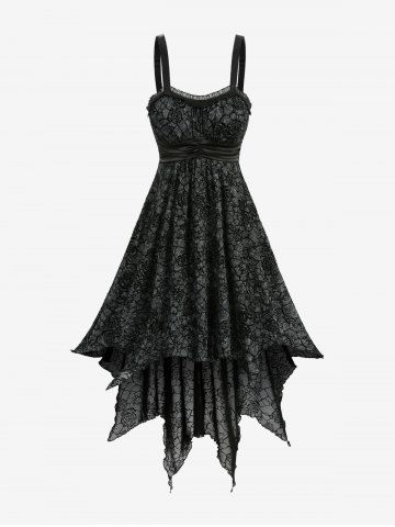 Rose Flower Flocking Ruched Lace Trim Asymmetrical Tank Dress - BLACK - S
