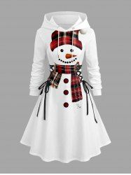 Plus Size Christmas Santa Claus Plaid Hat Scarf Gloves Print Lace Up Drawstring Hoodie Dress -  