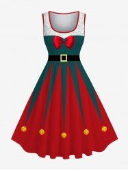 Plus Size Christmas Elf Bells Bowknot Print 1950s Vintage Dress -  
