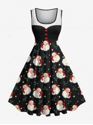 Plus Size Christmas Santa Claus Holly Fruit Heart Print 1950s Vintage Dress - Noir 4X