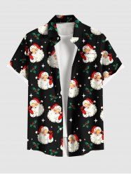 Plus Size Christmas Santa Claus Holly Fruit Print Buttons Pocket Shirt For Men -  