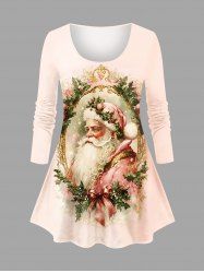 T-shirt à manches longues grande taille avec imprimé Père Noël, houx, nœud papillon et miroir magique - Rose clair S