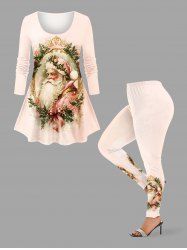 Christmas Santa Claus Holly Bowknot Magic Mirror Print Plus Size Matching Set -  