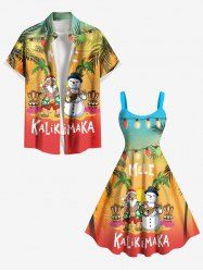 Christmas Light Santa Claus Snowman Coconut Tree Print Plus Size Matching Outfit For Couples -  