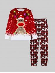 Ensemble pyjama assorti grande taille pour homme, imprimé colorblock avec motif de cerf et flocons de neige, idéal pour Noël. - Rouge Vineux 