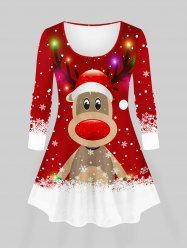 Plus Size Women's Christmas Elk Snowflake Colorblock Print Long Sleeves T-shirt -  