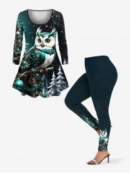 Christmas Tree Ball Owl Snowflake Print Long Sleeves Women T-shirt and Leggings Plus Size Matching Set -  