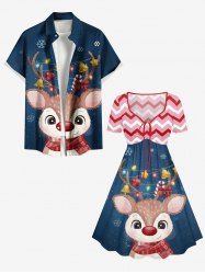 Ensemble assorti grande taille pour couples, motif élan de Noël, flocon de neige et galaxie en zigzag - Bleu Marine 